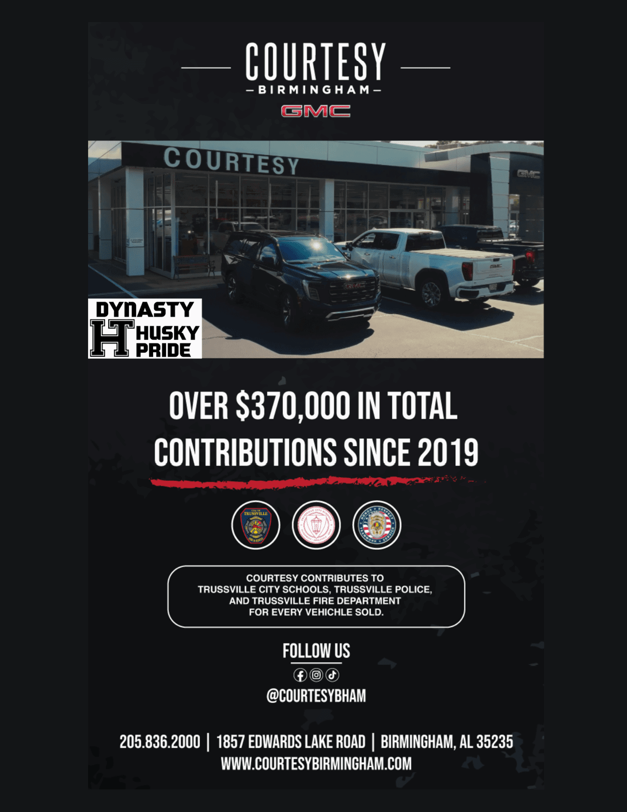 A flyer for a car dealership in Birmingham, Alabama. The flyer features a picture of a car and the words “Over $750K in Total Contributions Since 2019." AI generated content