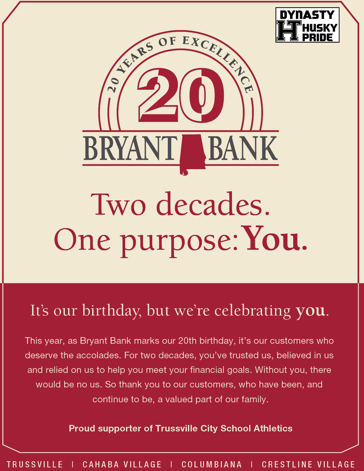 A poster advertising Bryant Bank's 20th anniversary. AI generated content