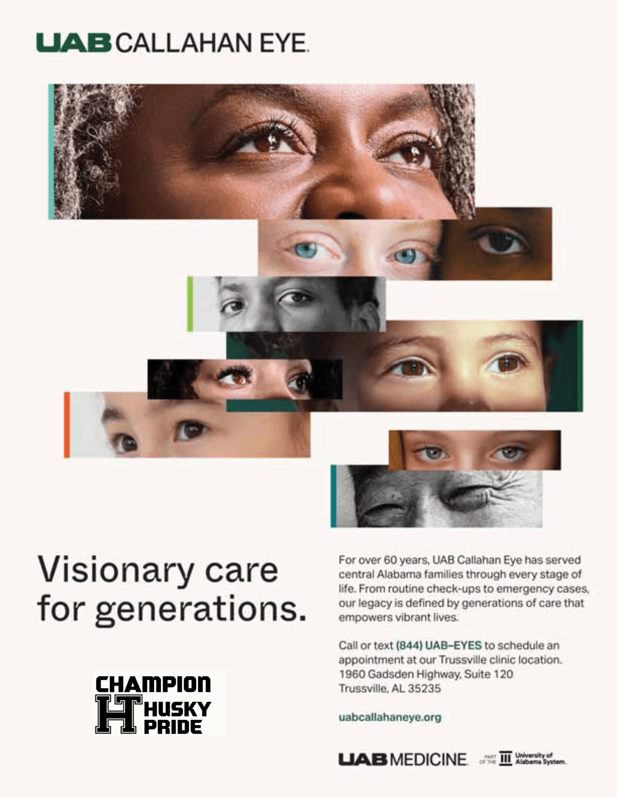 An advertisement for Callen-Eye, featuring a woman with a nude figure and a headline that reads “Visionary Care for Generations." AI generated content