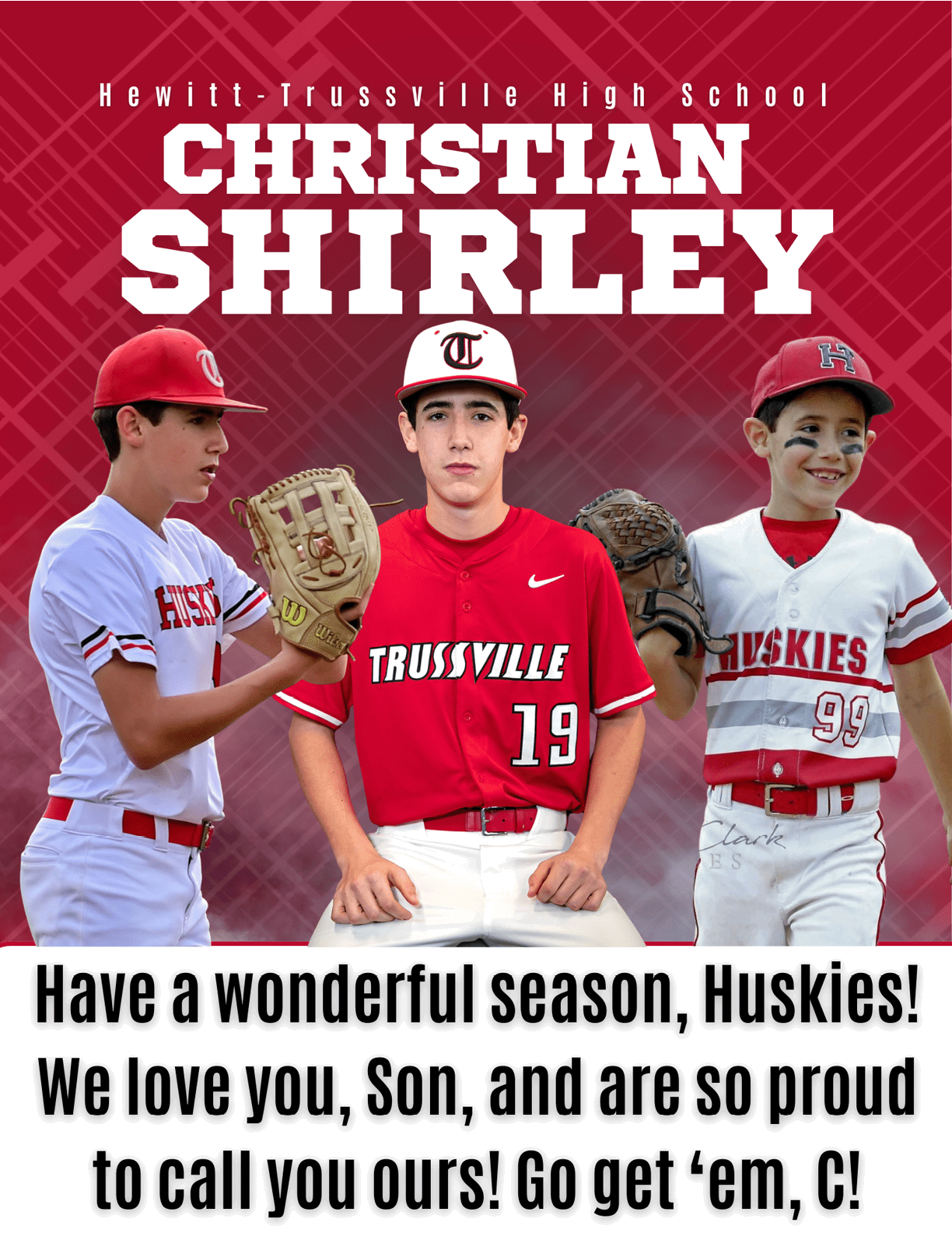 A baseball player wearing a red jersey with the number 19 stands in front of two other players. AI generated content