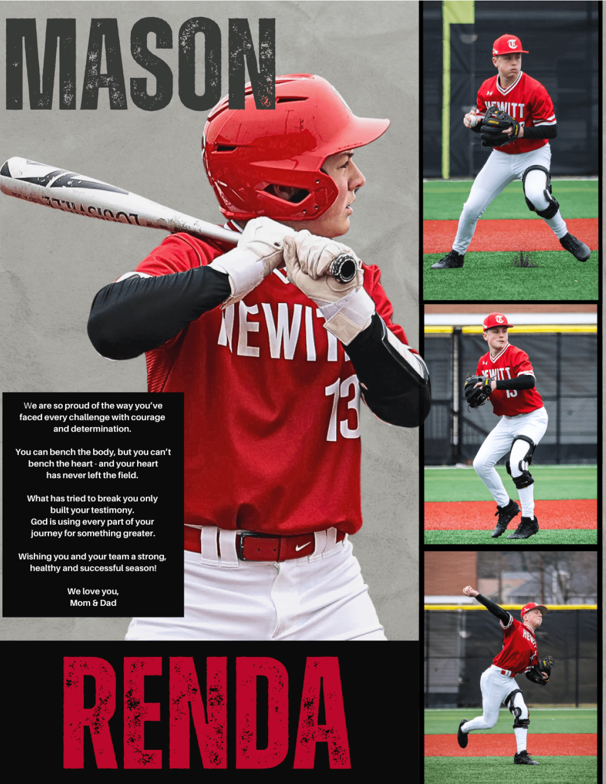 A baseball player in a red jersey is shown in a series of photos, one of which shows him swinging a bat. AI generated content
