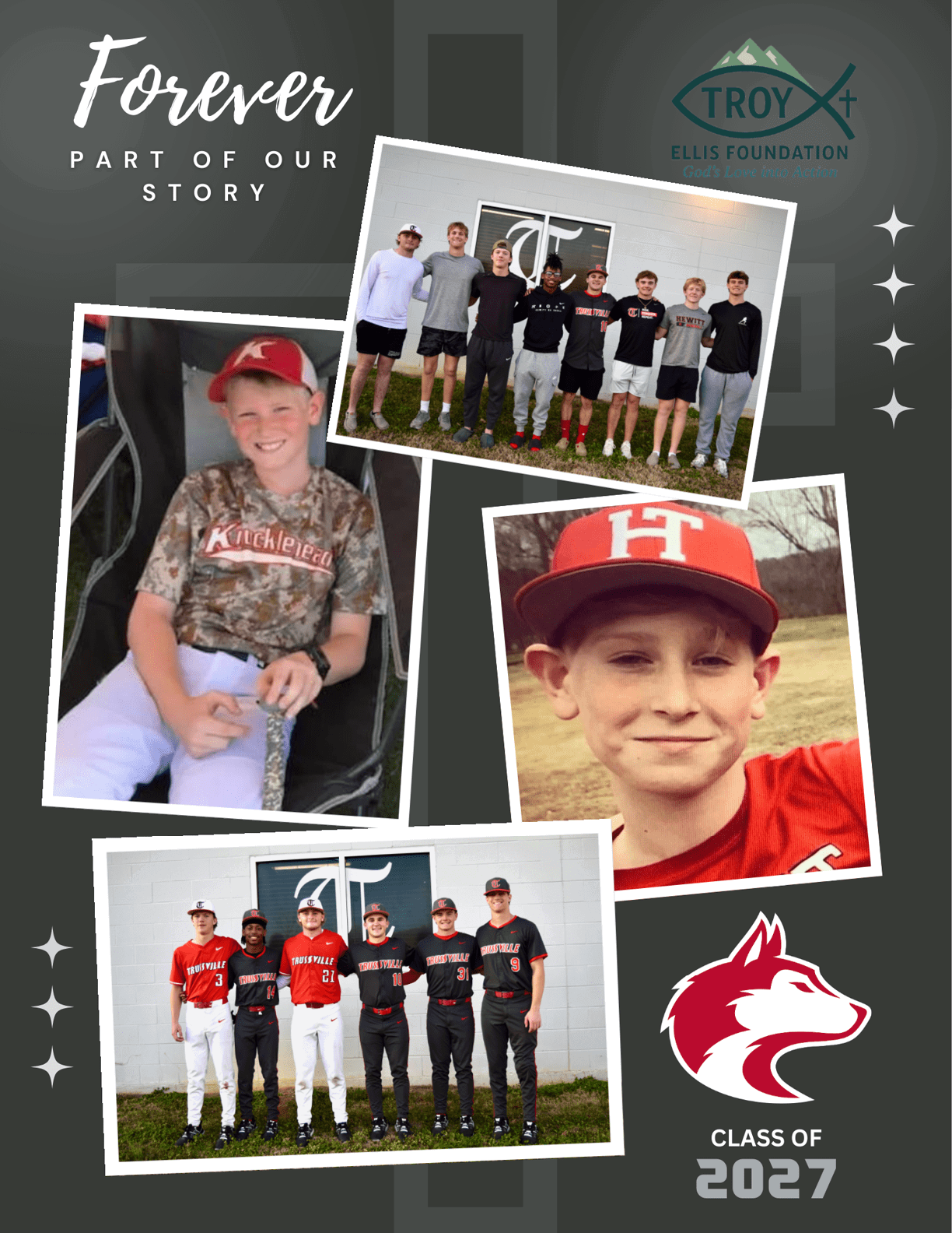 A collage of photos featuring a baseball team, including a boy wearing a red shirt and a baseball cap. AI generated content
