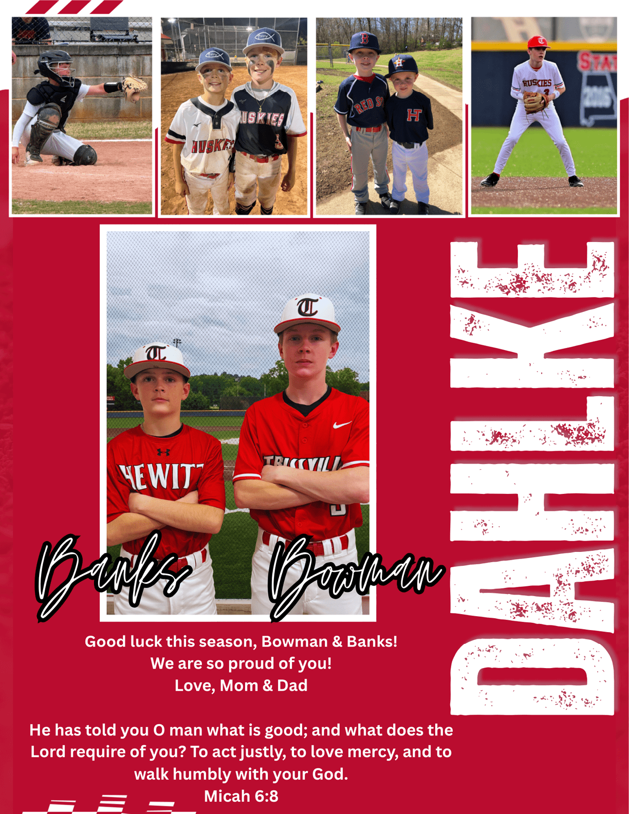 A baseball team photo with two boys posing in front of a sign that says “Dahike". AI generated content