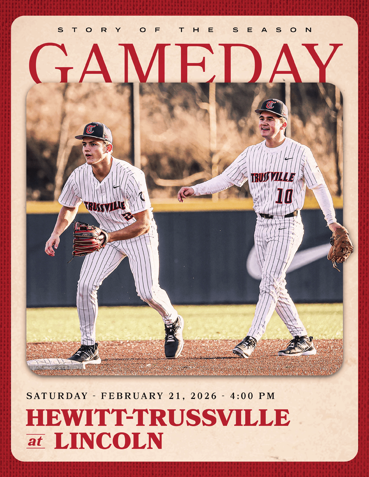 Two baseball players from the team Hewitt-Trussville are walking on the field. AI generated content
