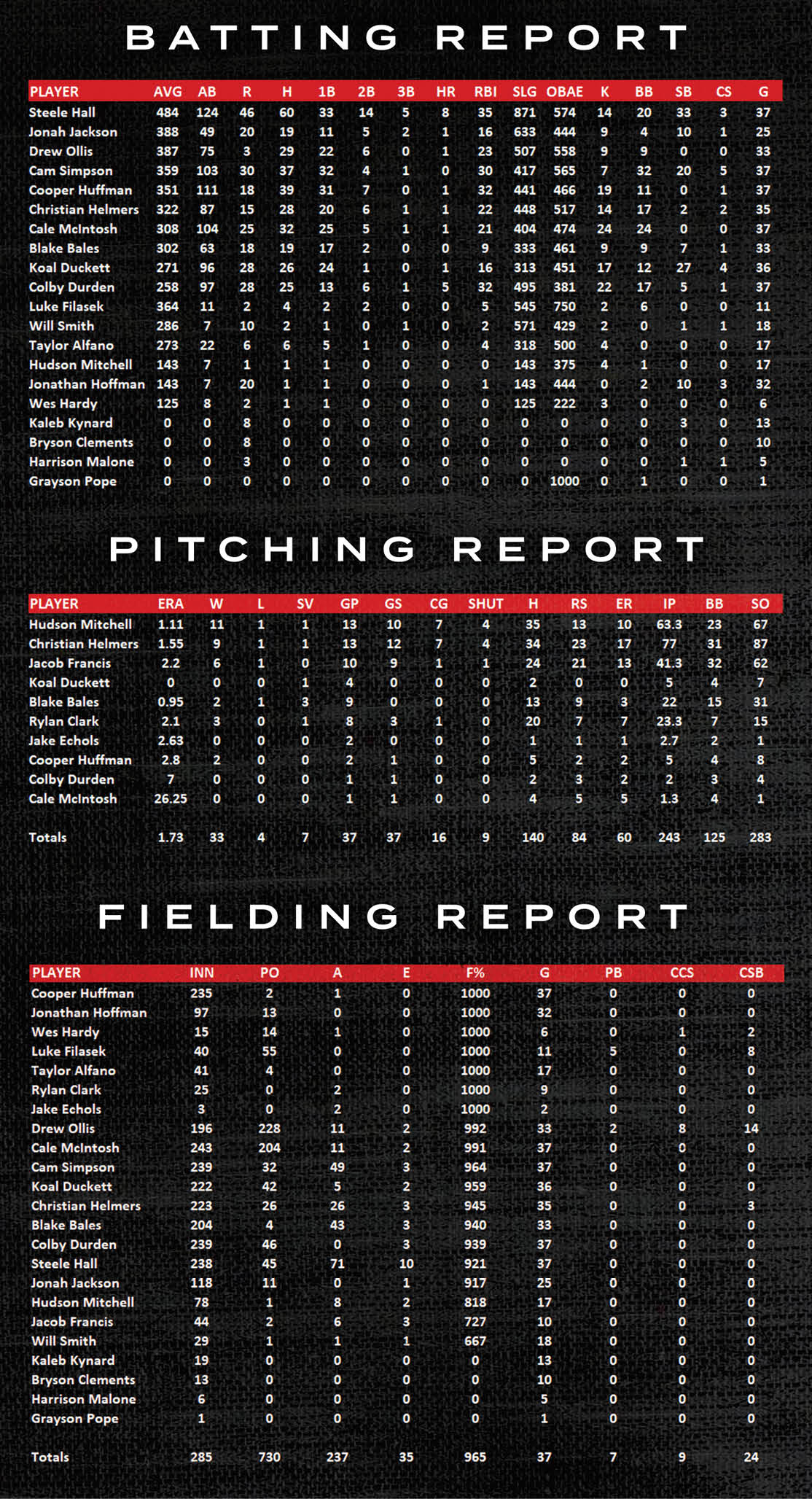 A black and red baseball scoreboard with a pitching report, fielding report, and batting report. AI generated content