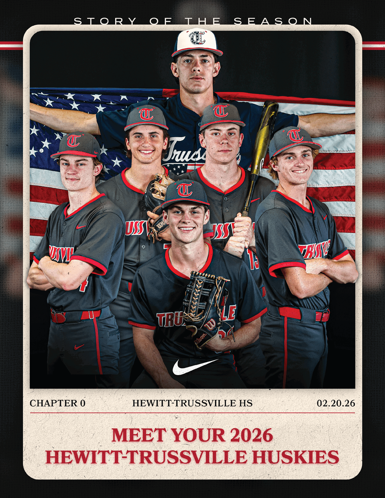 A group of young men pose for a photo in front of an American flag. AI generated content