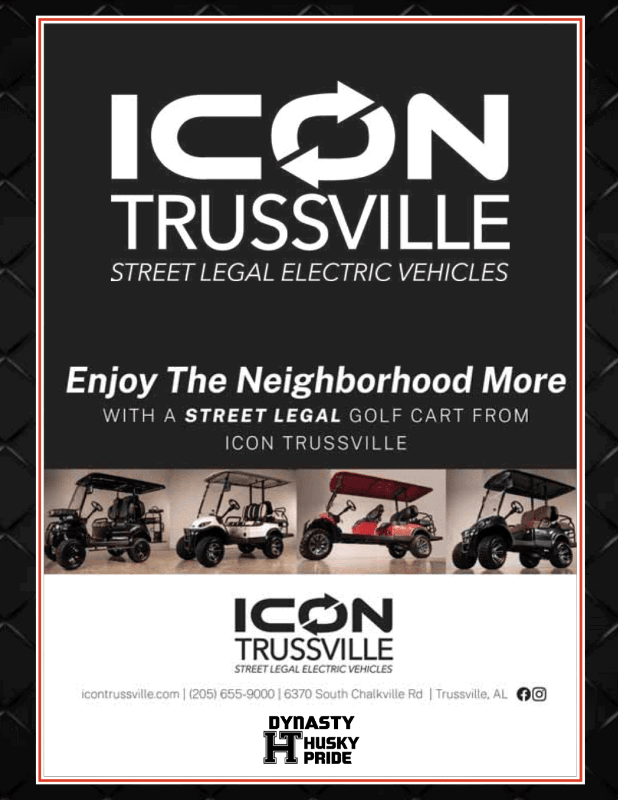 A flyer for Icon Trucville, featuring golf carts and street legal vehicles. AI generated content