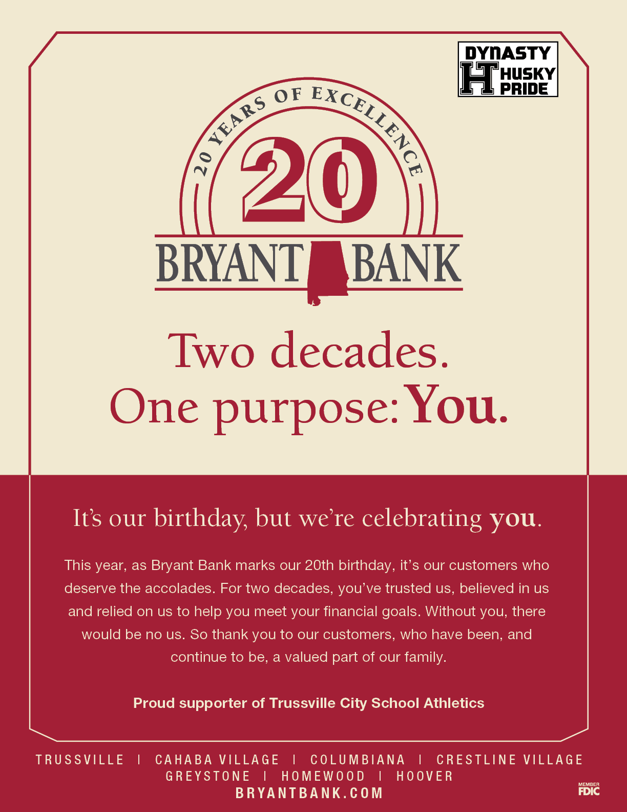 A poster advertising Bryant Bank's 20th anniversary. AI generated content