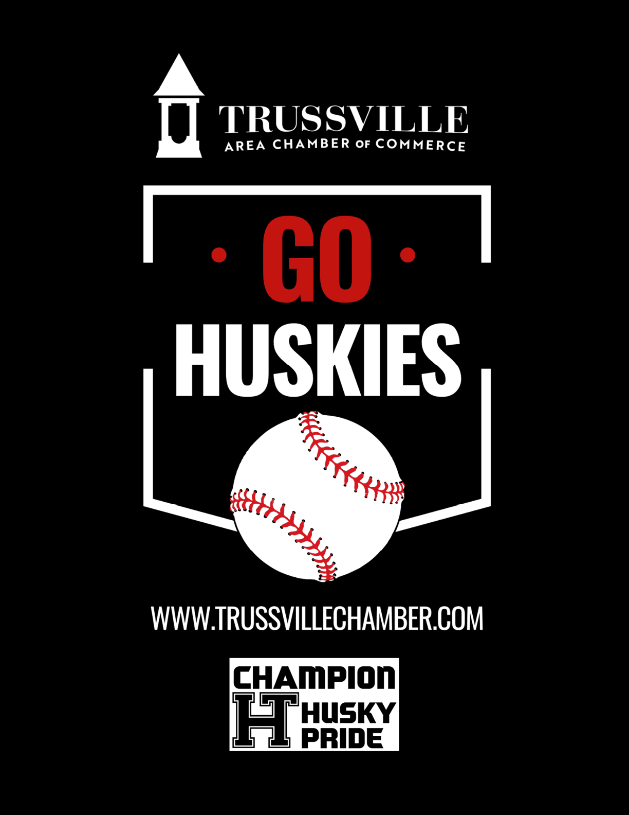 A black and white advertisement for Trussville Area Chamber of Commerce. AI generated content