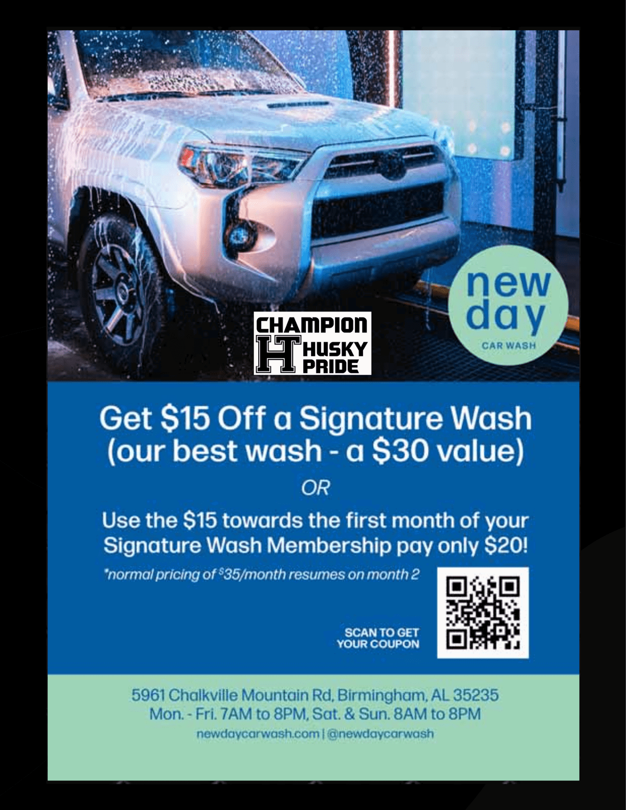 A car wash advertisement for a $15 off signiture wash. AI generated content