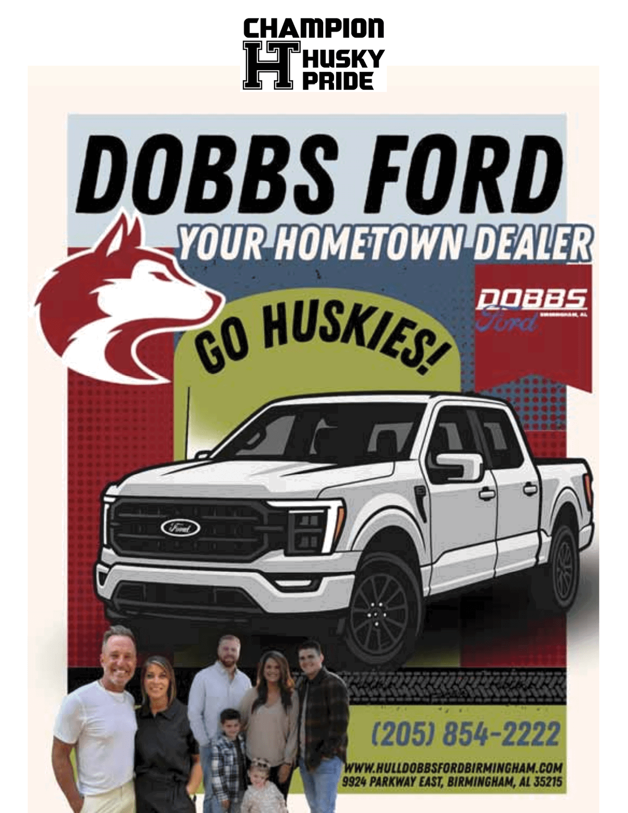 A family poses in front of a white truck, which is for sale at a dealership. AI generated content