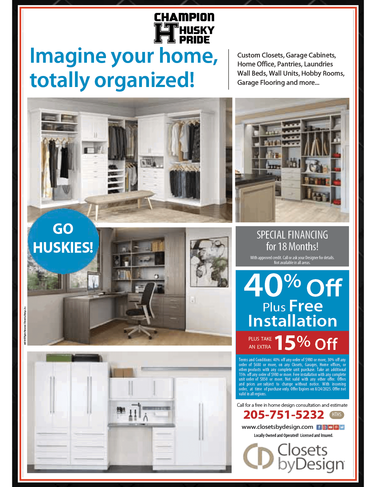 A Champion Home Builders advertisement featuring a home office with a desk, chair, and shelves. AI generated content
