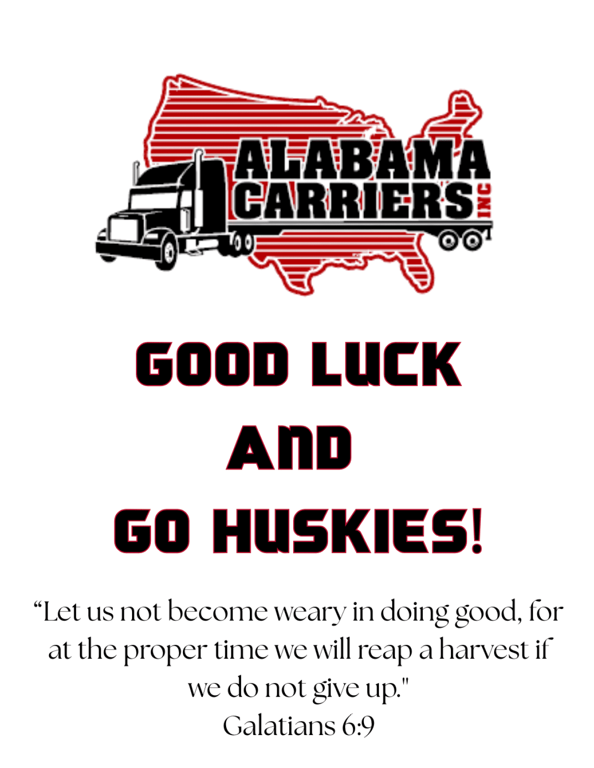 A logo for Alabama carriers with a map of the United States and the words “Good luck and go huskies!" AI generated content
