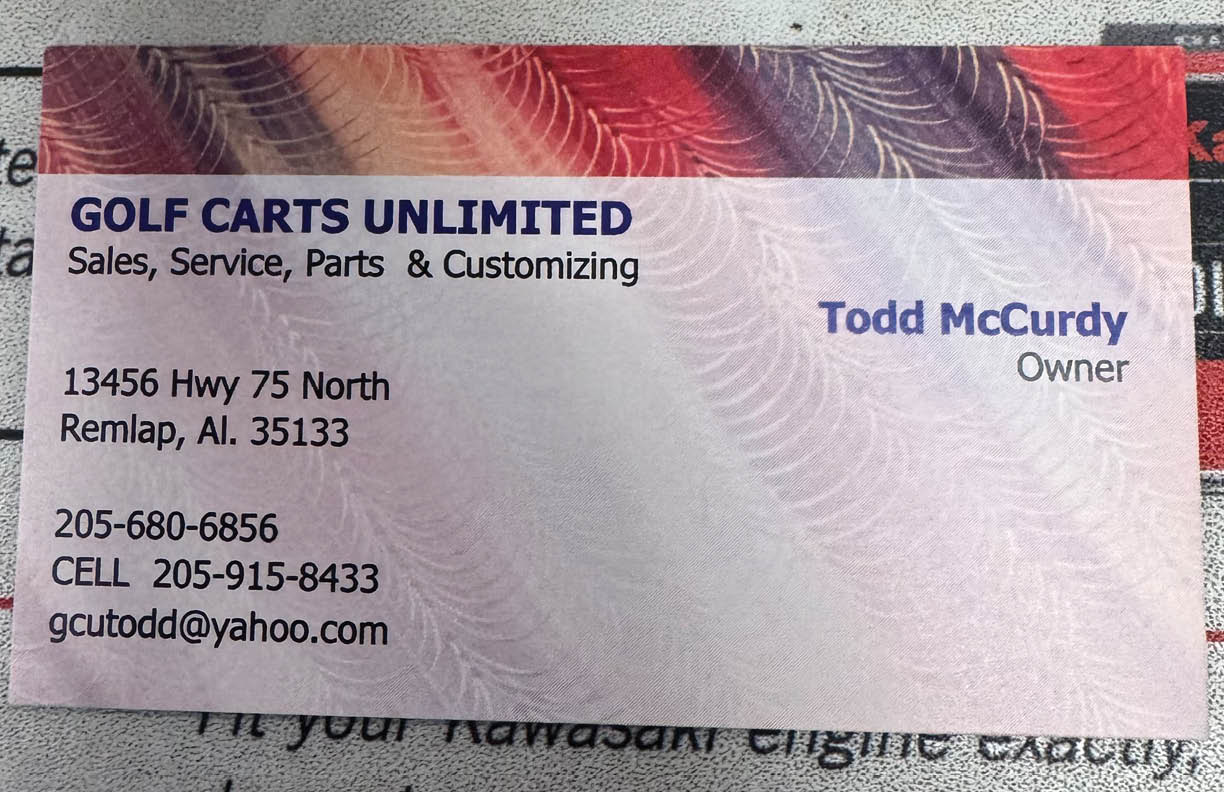 A business card for Todd McCurdy, a golf cart salesman, is shown. AI generated content