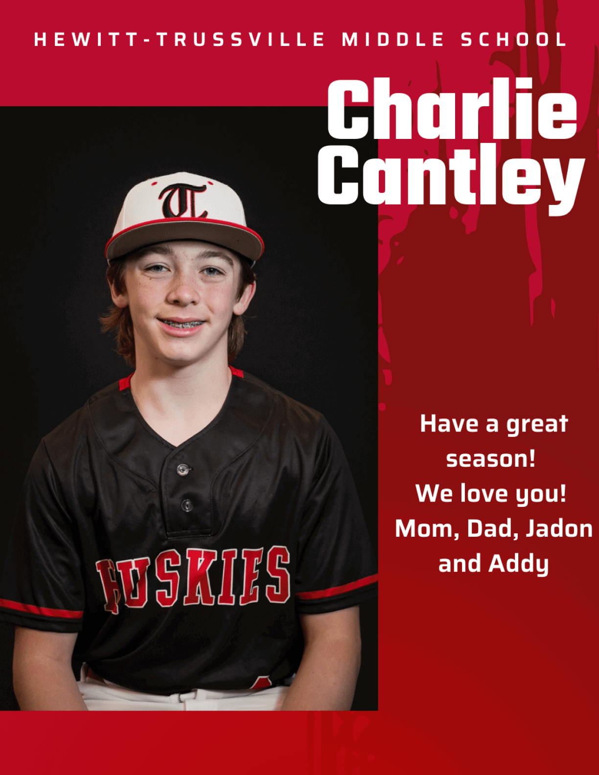 A boy wearing a baseball uniform with the word Huskies on the front. AI generated content