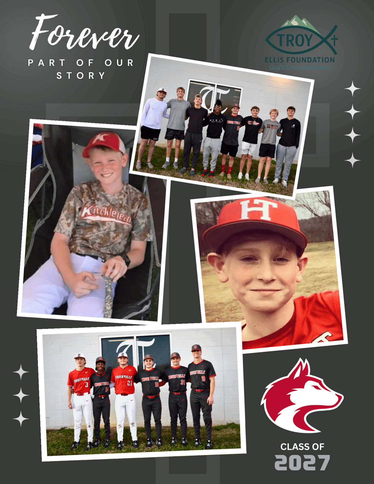 A collage of photos featuring a baseball team, including a boy wearing a red shirt and a baseball cap. AI generated content