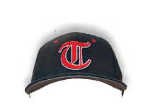 A close up of a black and red baseball cap with a white T on it. AI generated content
