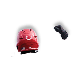 A red baseball helmet with a white logo on it. AI generated content
