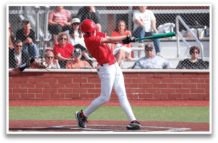 A baseball player in a red shirt and white pants is swinging a bat at a ball. AI generated content