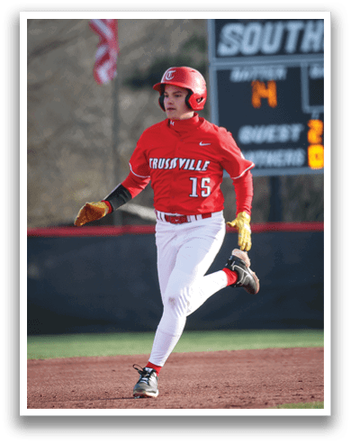 A baseball player wearing a red jersey with the number 15 on it is running to first base. AI generated content