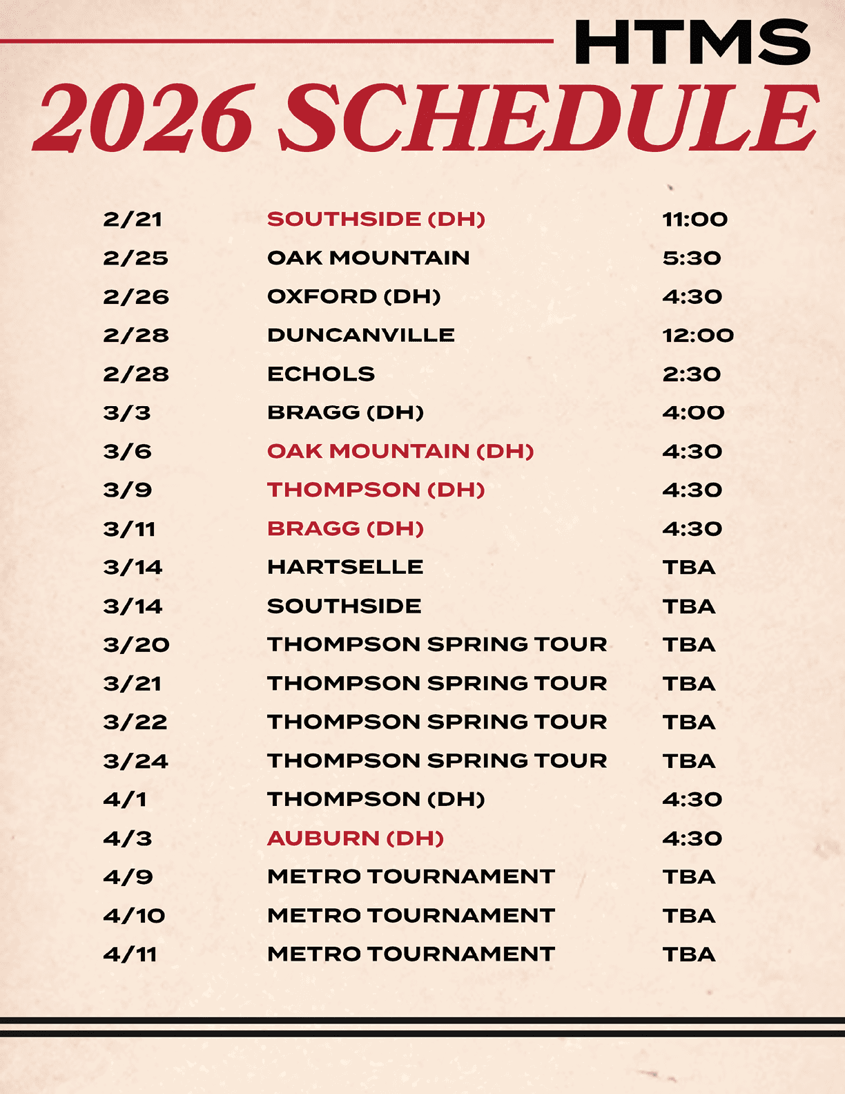 A calendar listing the dates and locations of the Thompson Spring Tour. AI generated content