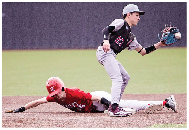 A baseball player slides into a base while another player tries to catch the ball. AI generated content