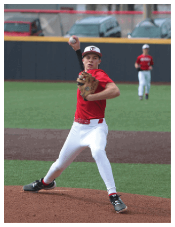 A young man in a red shirt and white pants is pitching a baseball on a field. AI generated content