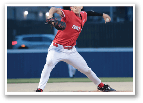 A baseball player in a red shirt and white pants is pitching a ball. AI generated content
