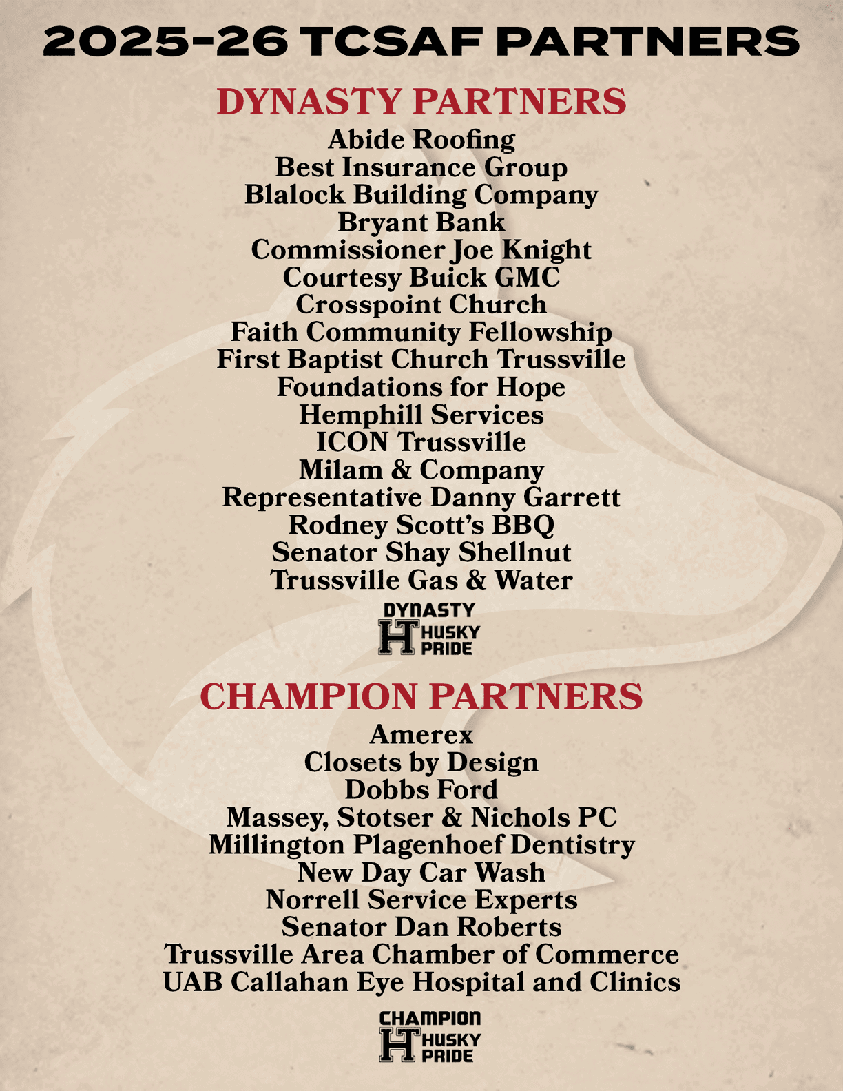 A list of 2022-2026 TCSA partners includes companies such as Dynasty Partners, Best Insurance Group, and Milam & Associates. AI generated content