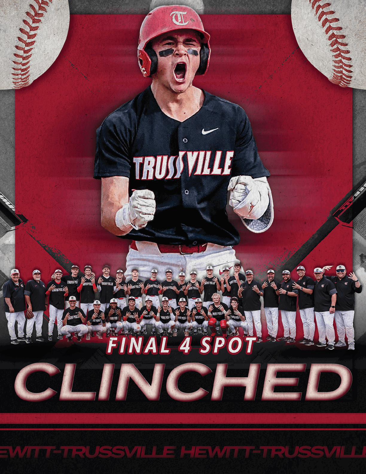 A baseball player is shown with his mouth open, yelling in triumph. He is wearing a black jersey with the word “Trussville" on it. The image is advertising a final four spot clinched. AI generated content