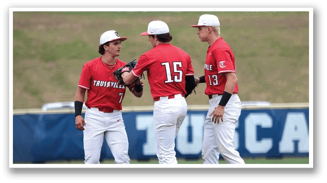 Three baseball players wearing red and white uniforms are standing on the field, shaking hands with each other. AI generated content