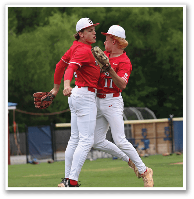 Three baseball players celebrating on the field. AI generated content