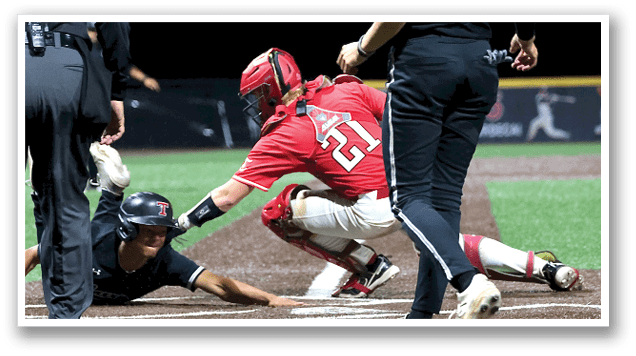 A baseball player slides into home plate, while the catcher tries to tag him out. The umpire is also present, observing the play. AI generated content