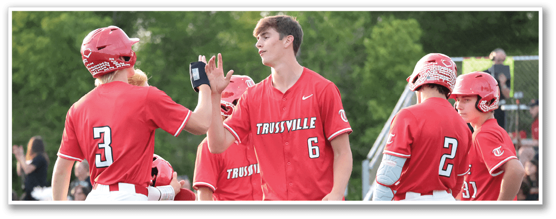 A group of baseball players wearing red jerseys are standing on a field. One player is holding up his hand while another player is waving. AI generated content