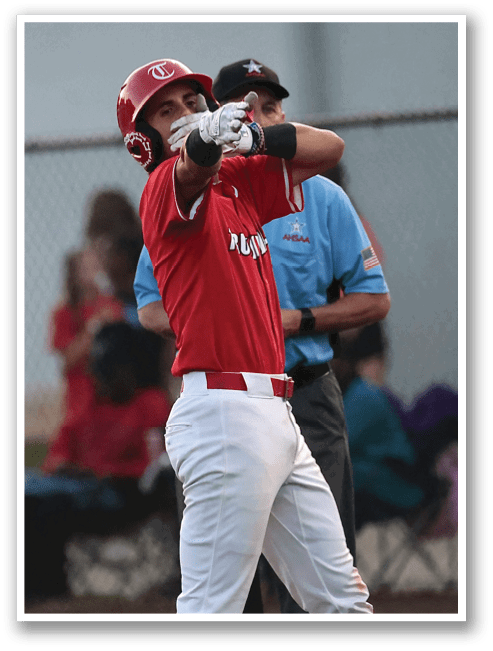 A baseball player in a red shirt and white pants is swinging a bat, while a man in a blue shirt watches. AI generated content