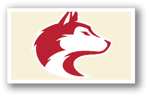 A red and white dog head with a red tongue. AI generated content