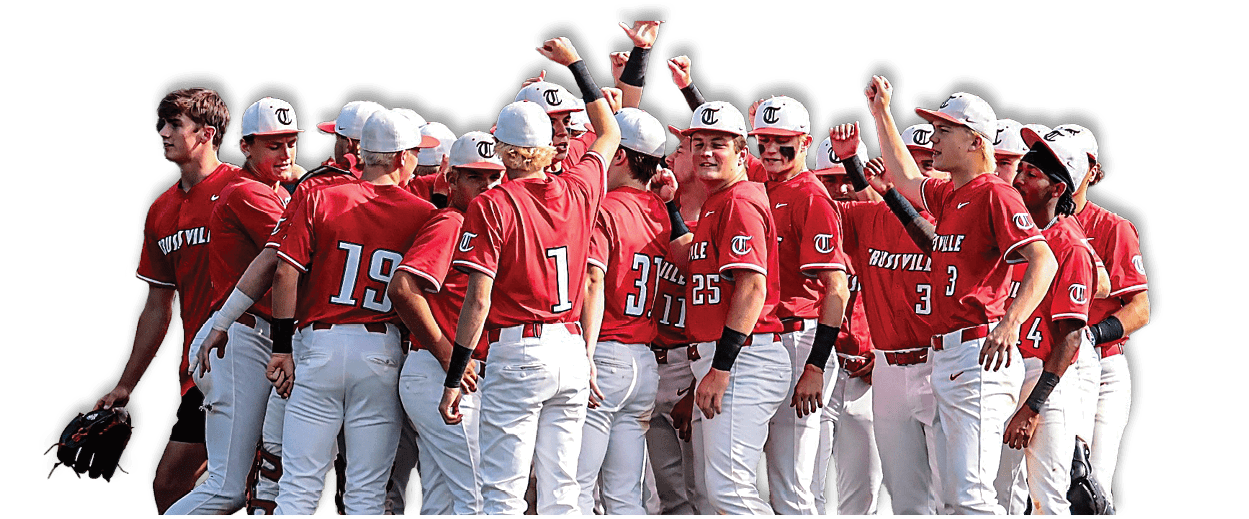 A group of baseball players in red uniforms huddle together on the field. AI generated content