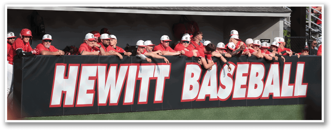 A group of people are sitting on a bench in front of a sign that says “Hewitt Baseball." AI generated content
