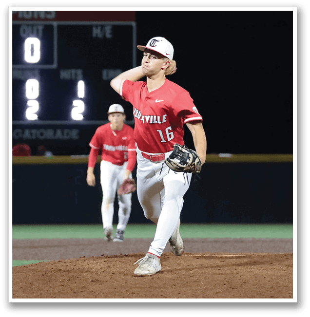 A baseball player in a red shirt and white pants is pitching a ball on a field. AI generated content