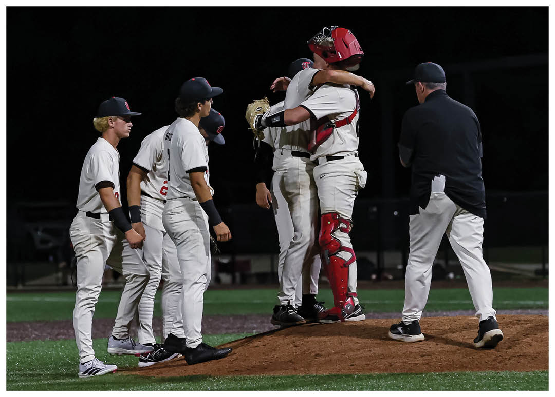 Baseball players hugging on the field. AI generated content