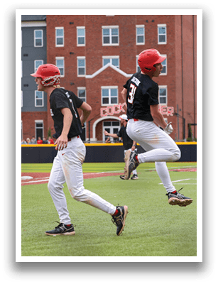 Three baseball players are running on the field, with one of them jumping in the air. They are wearing baseball uniforms and are likely participating in a game. AI generated content