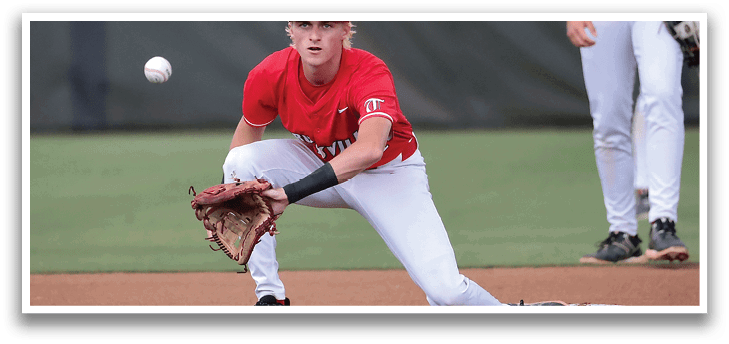 A baseball player in a red shirt and white pants is attempting to catch a ball. AI generated content