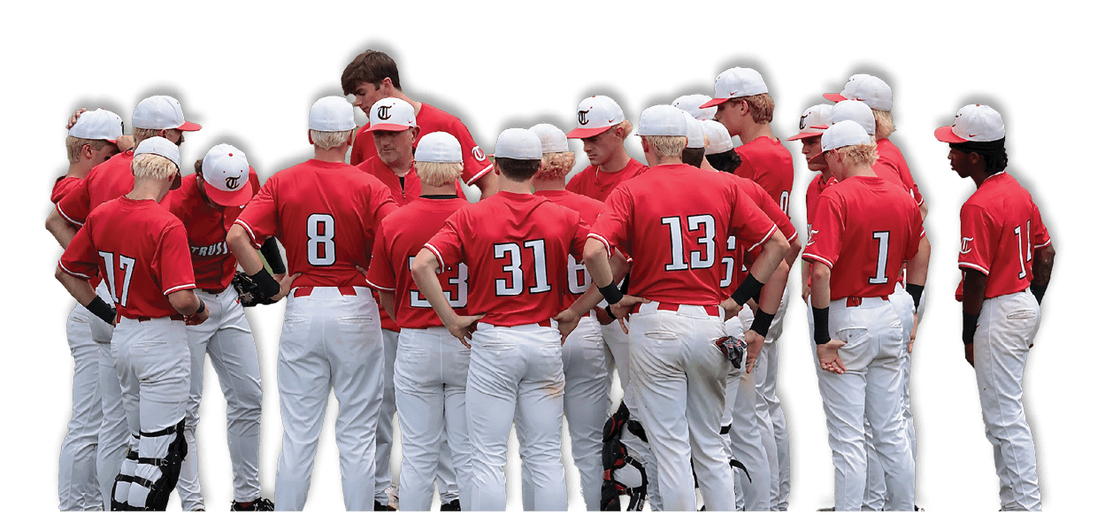 A group of baseball players wearing red uniforms and white hats, standing on a field. AI generated content