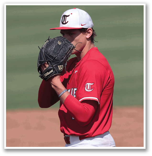 A baseball player wearing a red jersey and white pants with a baseball glove on his hand. AI generated content