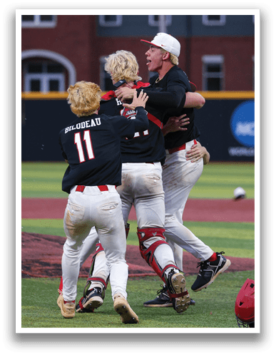 Three baseball players celebrating on the field. AI generated content