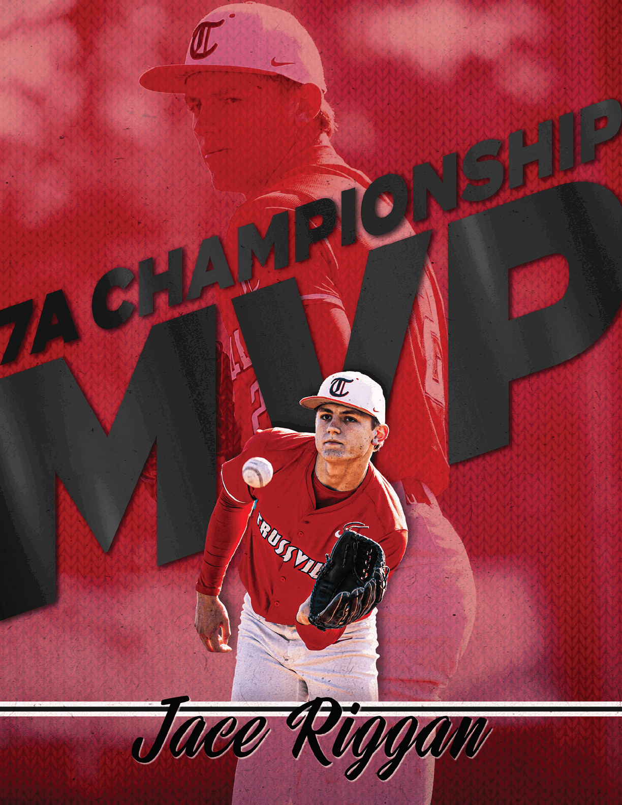 A baseball player in a red jersey is shown on a poster with a baseball in the air. AI generated content
