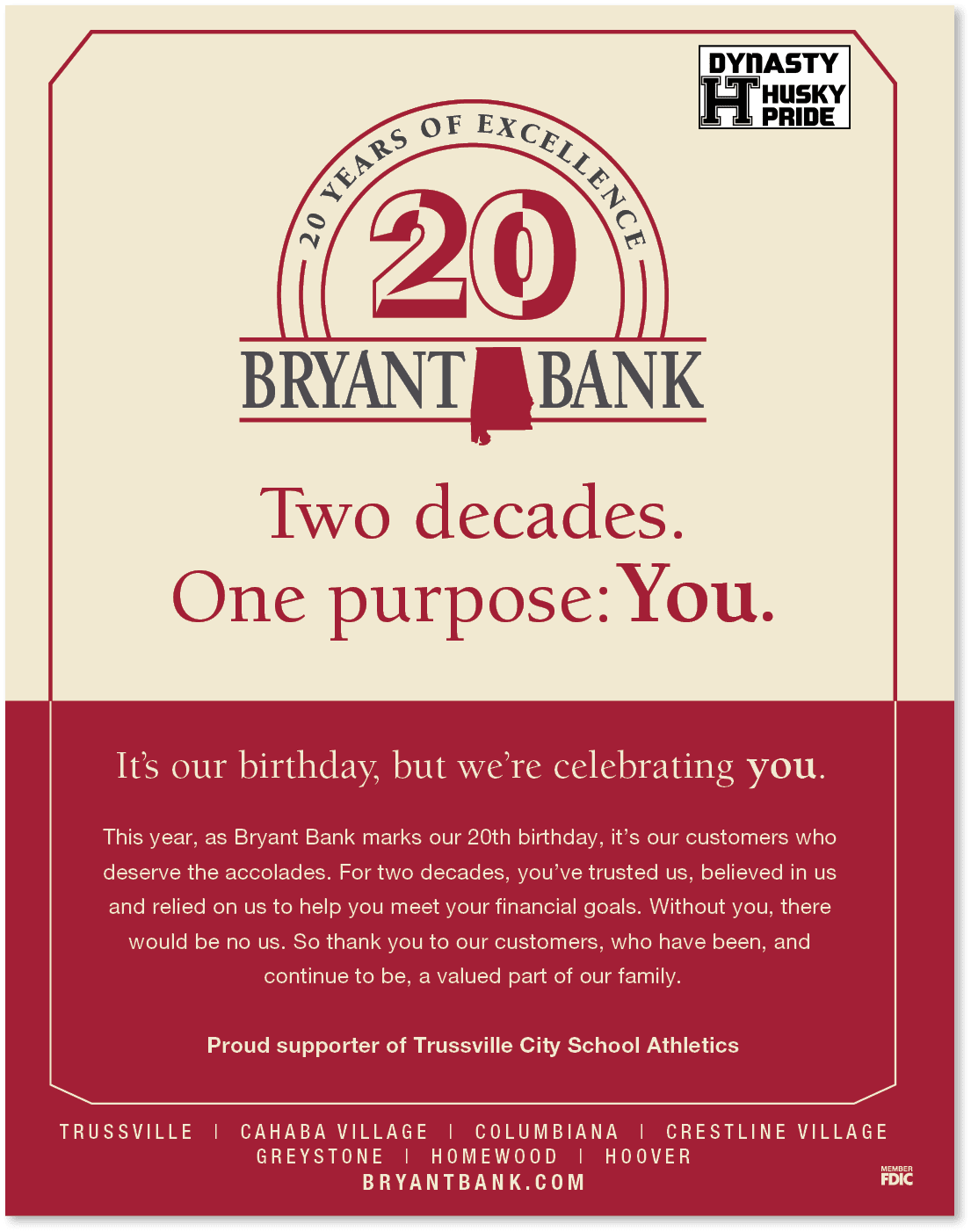 A poster advertising Bryant Bank's 20th anniversary. AI generated content