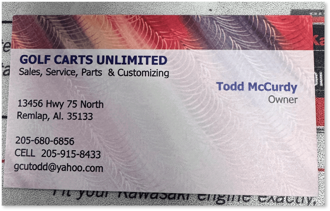 A business card for Todd McCurdy, a golf cart salesman, is shown. AI generated content