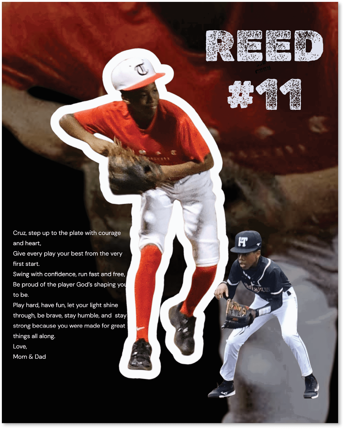 A baseball player in a red shirt and white pants is holding a baseball glove. AI generated content