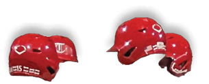 Two red baseball caps are worn by people. AI generated content